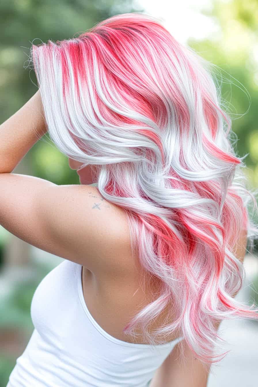 Woman with watermelon hair combined with silver hues, creating a cool and futuristic look.