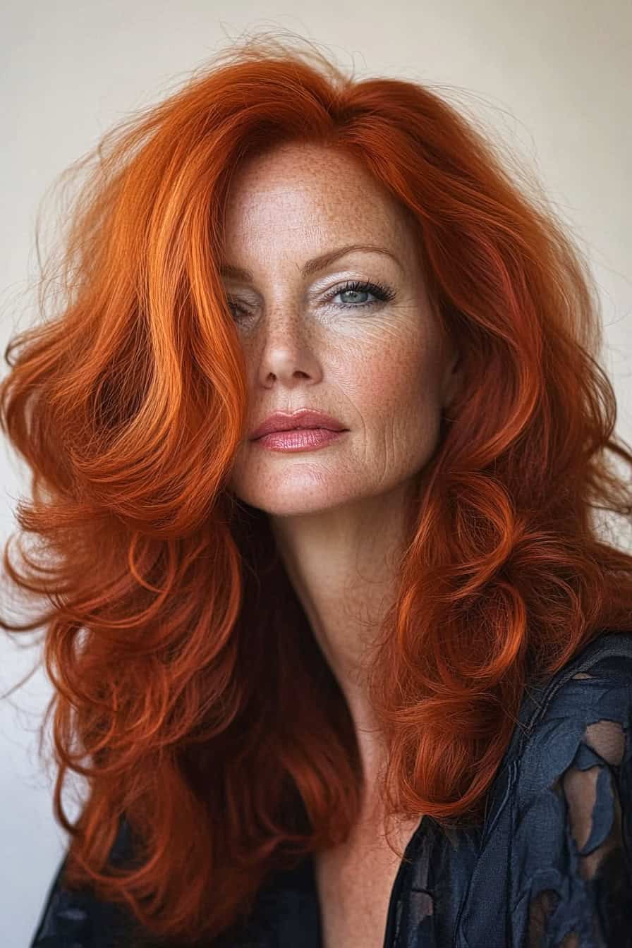 Woman with vibrant red waves styled in an elegant long shag with curls, adding sophistication and volume to her fine hair.