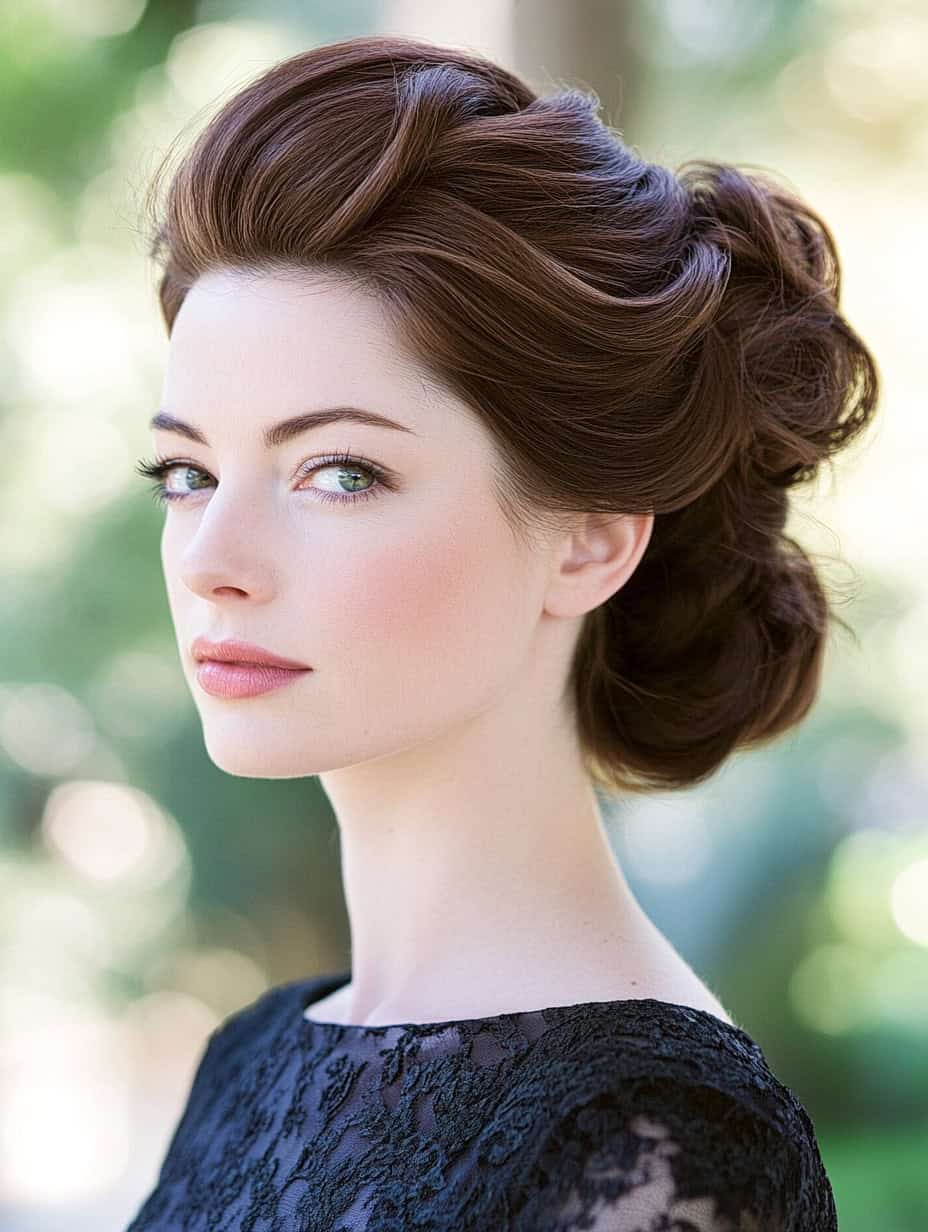 Woman with dark brown updo hairstyle styled in a classic French twist with added volume.