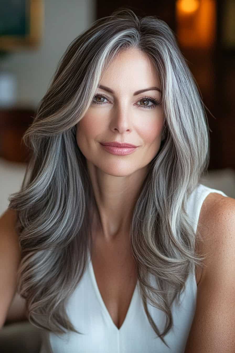 Elegant portrait of a confident woman with silver hair and warm skin tones in a cozy setting.