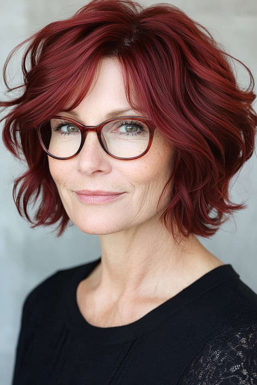 Woman with auburn wavy hair styled in a playful curly bob, adding volume and complementing her glasses.