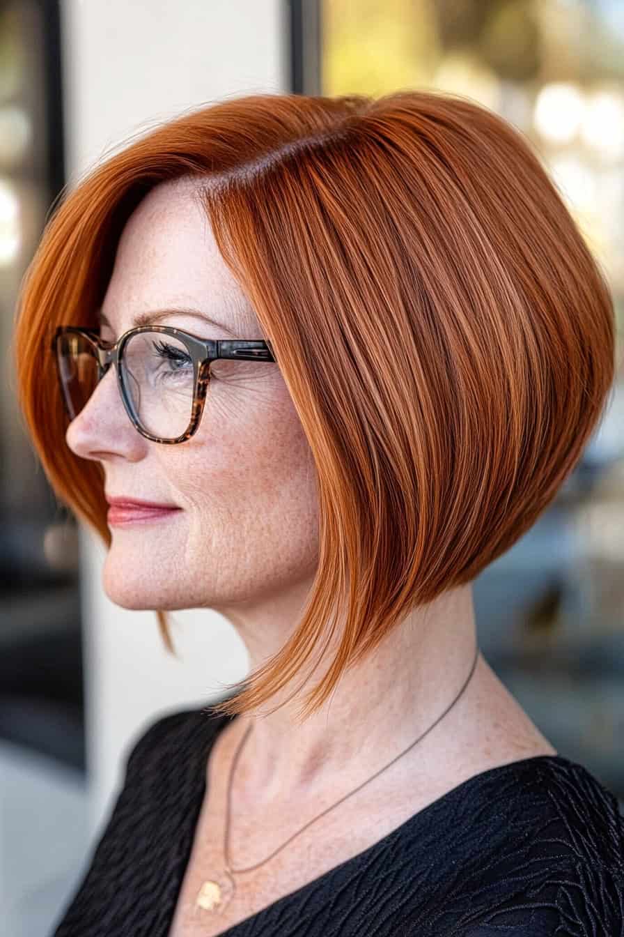 Woman with auburn bob hairstyle styled as a graceful inverted bob, adding a trendy edge to her look with glasses.