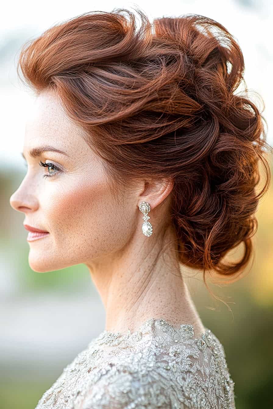 Woman with auburn curls styled in a twisted updo, adding elegance and volume to her fine hair for special events.