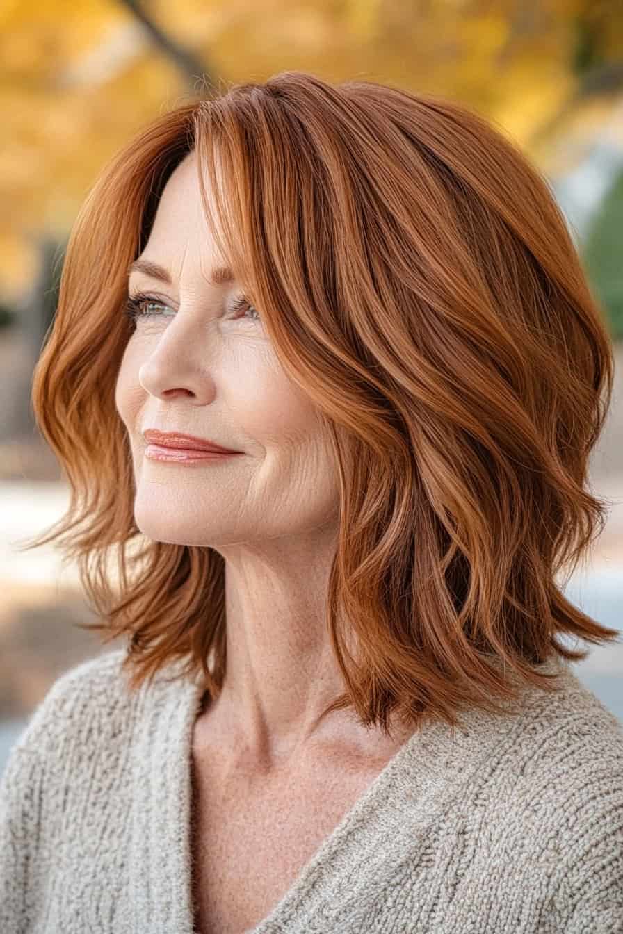 Woman with auburn waves hairstyle styled in a casual boho-inspired bob, adding volume and a relaxed vibe to her fine hair.