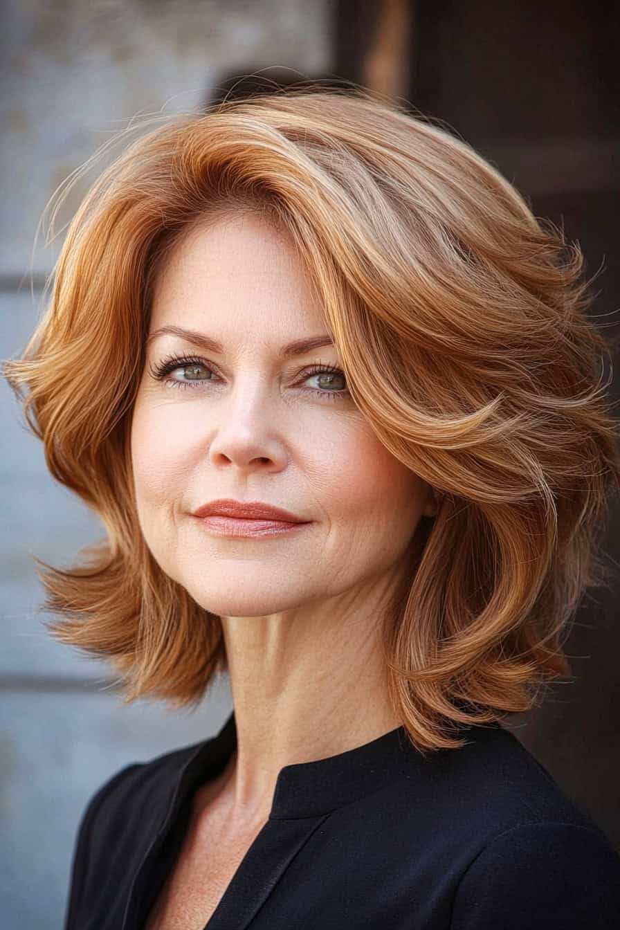 Woman with auburn wavy hair styled in a graceful layered bob, adding volume and softness to her fine hair.