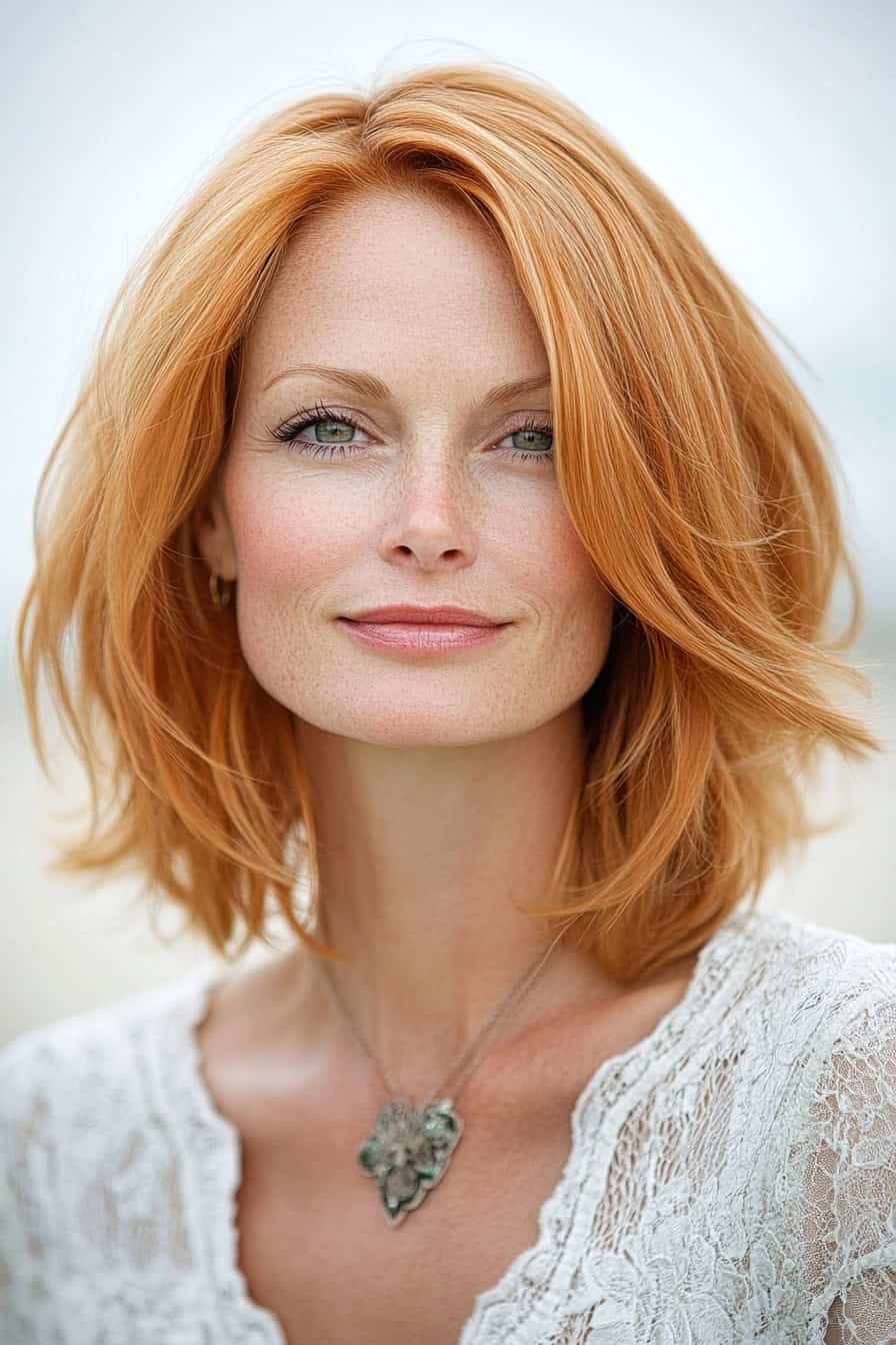 Woman with auburn wavy hairstyle showcasing a classic shoulder-length bob, adding elegance and volume to her fine hair.