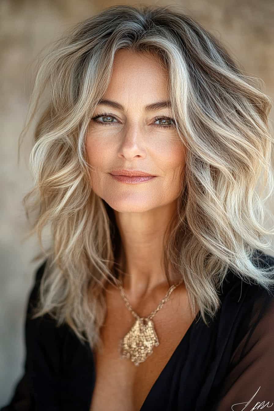 Woman with beachy waves and honey blonde hair styled in an ombre shag, adding a modern and dynamic touch to her fine hair.