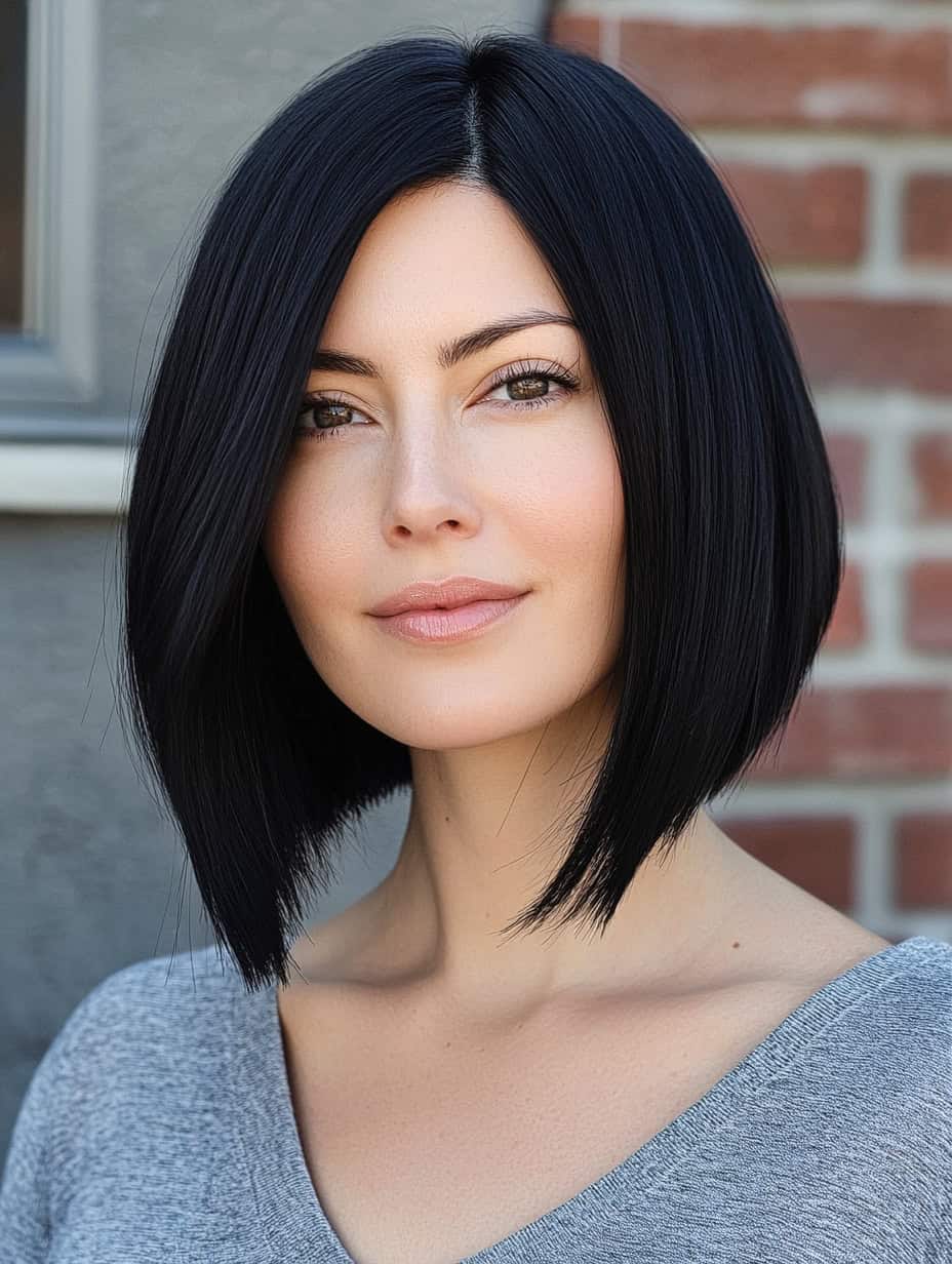 Woman with black bob cut featuring an edgy asymmetrical style, perfect for oval faces.