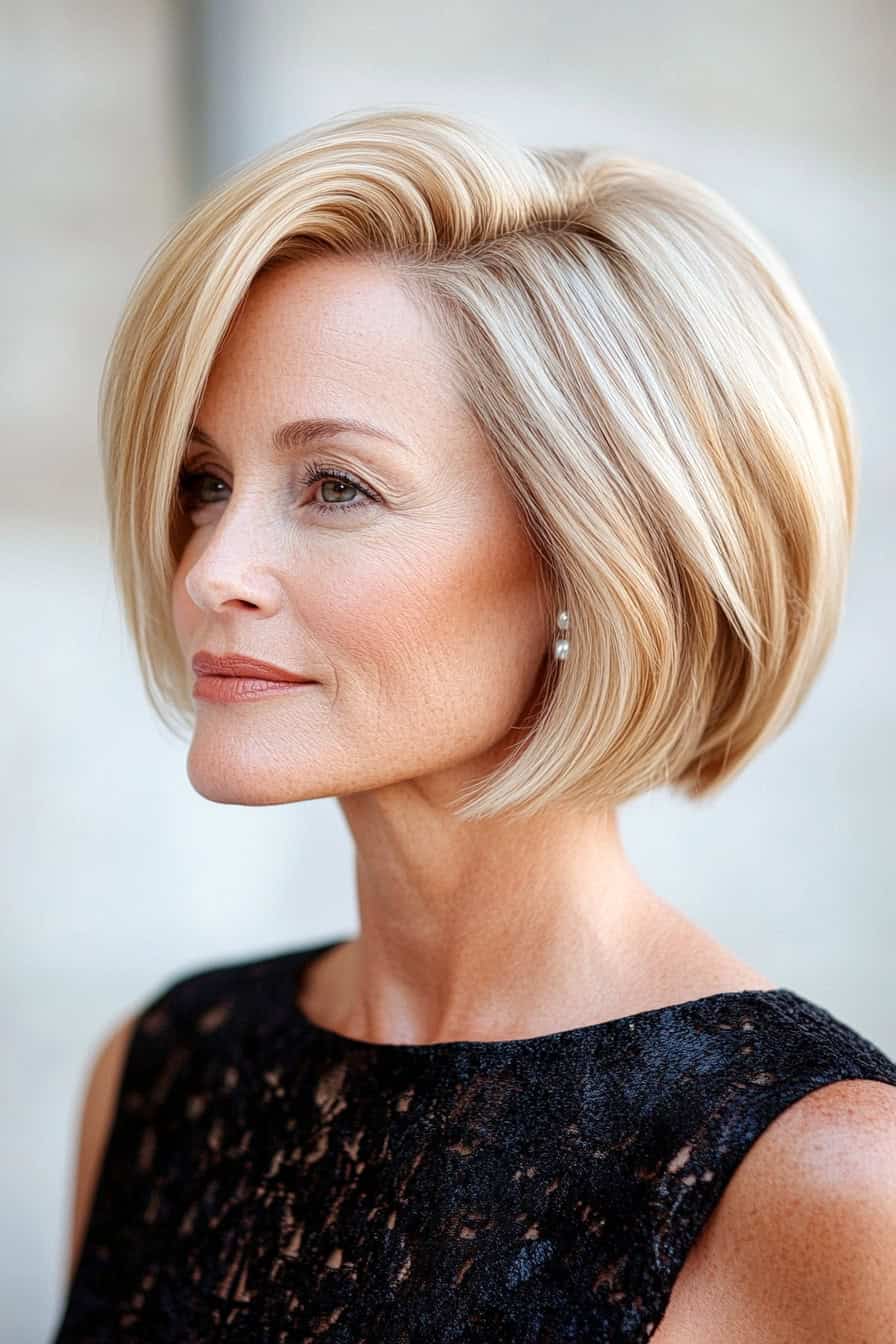 Woman with blonde bob hairstyle featuring a formal deep side part, adding elegance and volume to her fine hair.