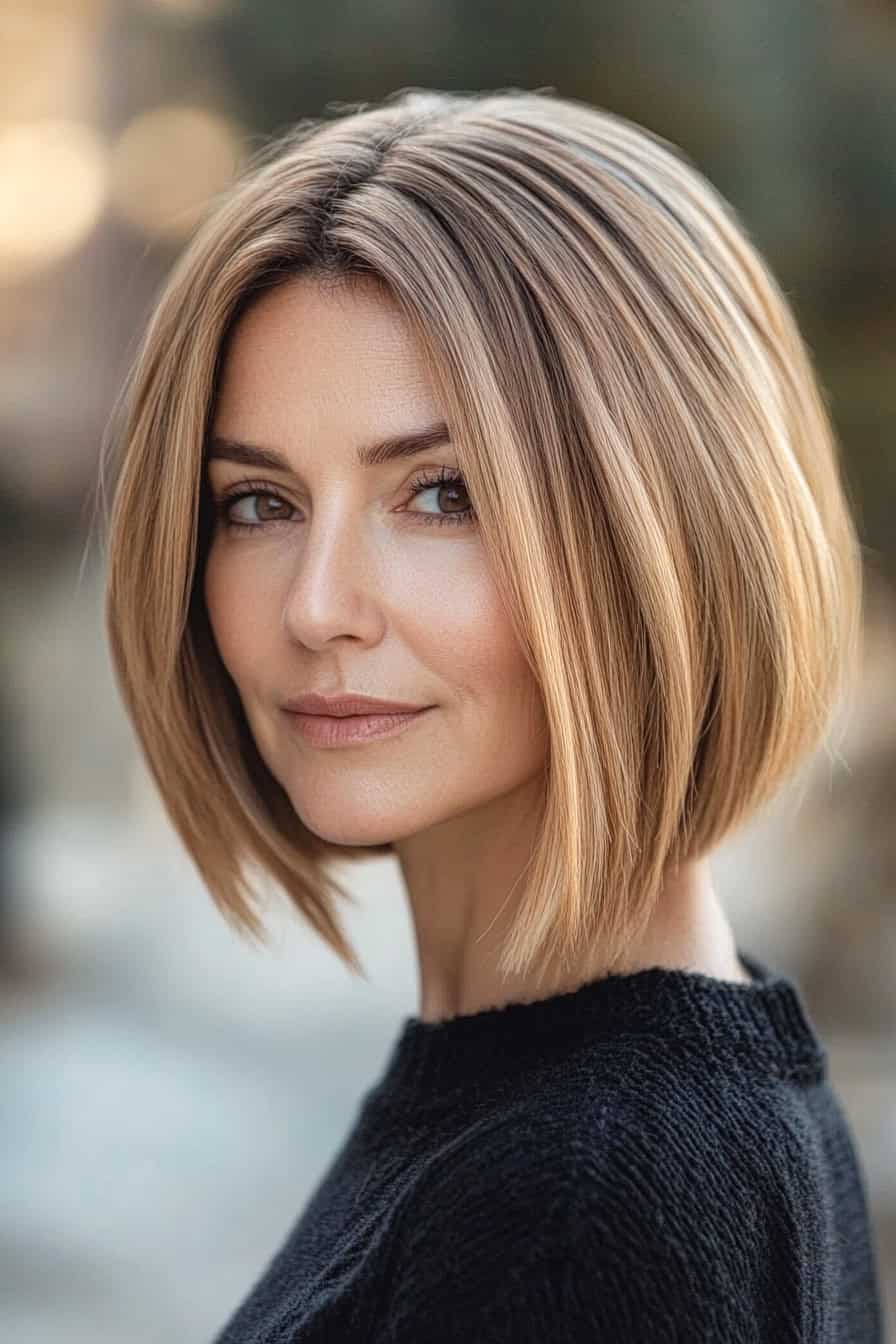 Woman with a modern A-line bob cut featuring blonde hair, offering a youthful and spirited appearance.