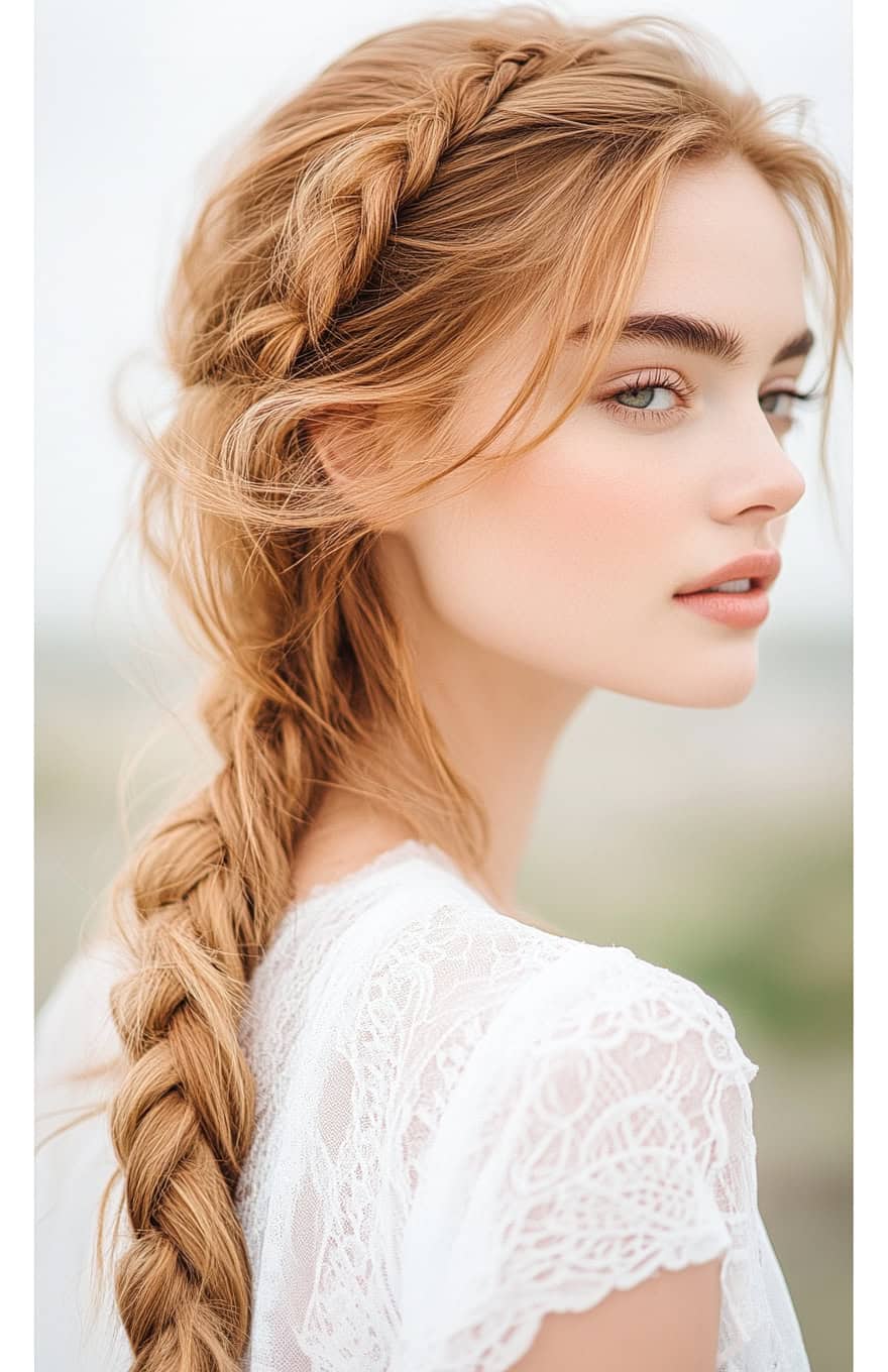 Woman with blonde braid tucked into waves, creating an intricate and stylish fishtail braided beach wave hairstyle.