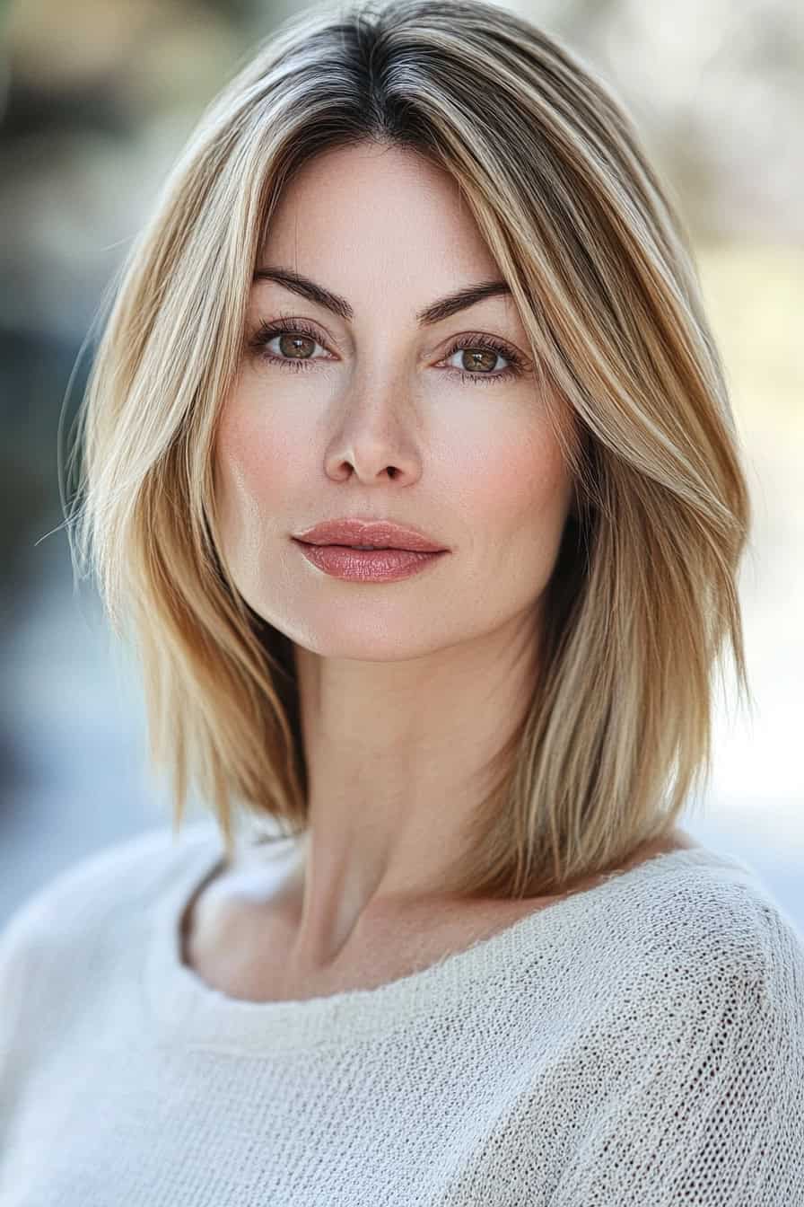 Woman with straight blonde medium cut featuring minimal layers, offering a sleek and easy-maintenance hairstyle.