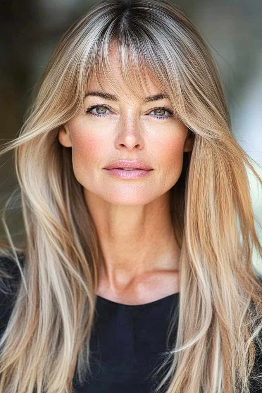 Woman with blonde layered hair styled with wispy curtain bangs, adding softness and volume to her fine hair.