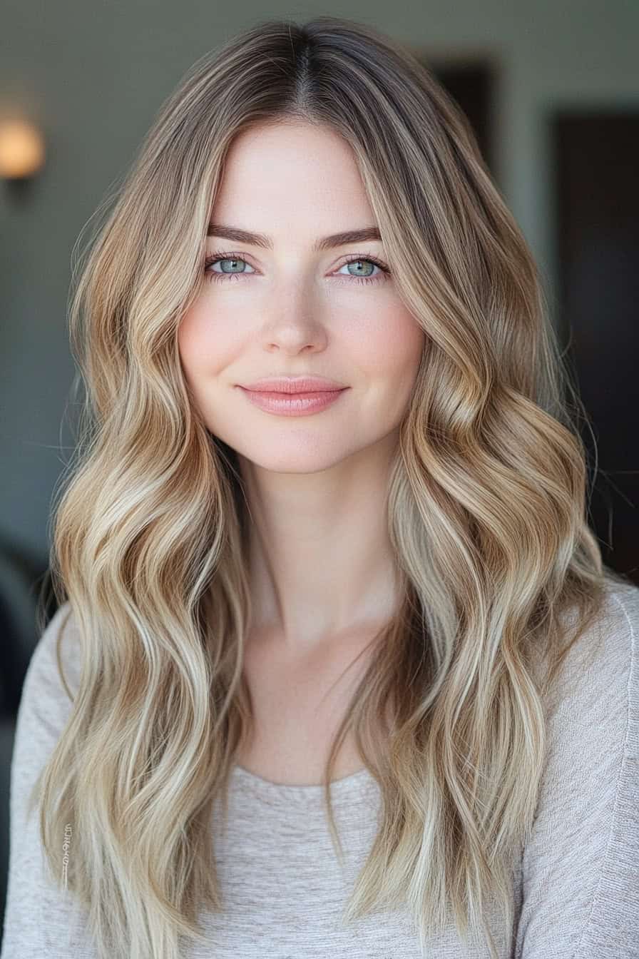 Woman with blonde ombre hair styled in straight beachy texture, offering a sleek and relaxed look.