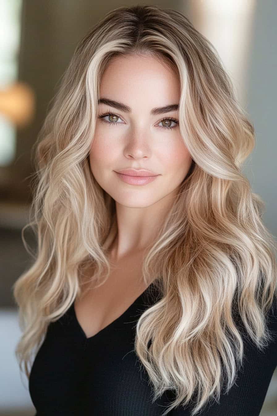 Woman with blonde waves styled using temporary extensions for a beach wave look at events.