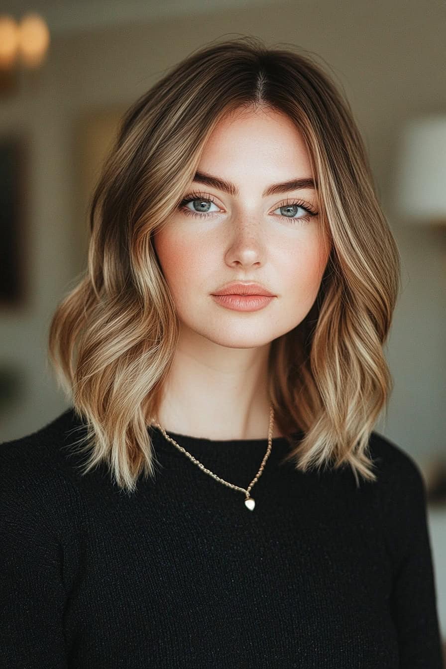 Woman with blonde wavy hair styled in a blunt cut with beach waves, creating a modern and bold appearance.