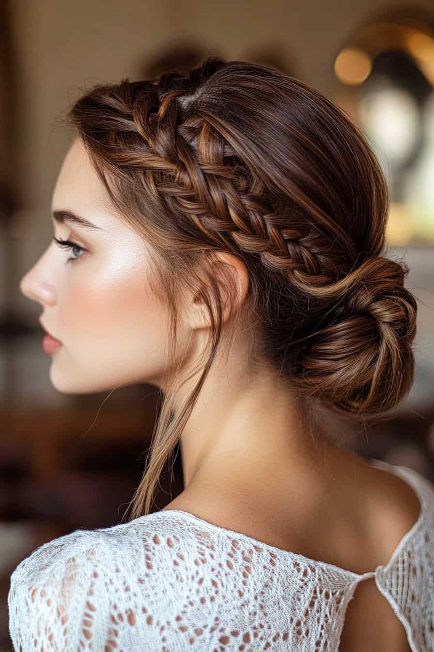 Woman with braided updo hairstyle, adding a bohemian and textured touch to thick hair.