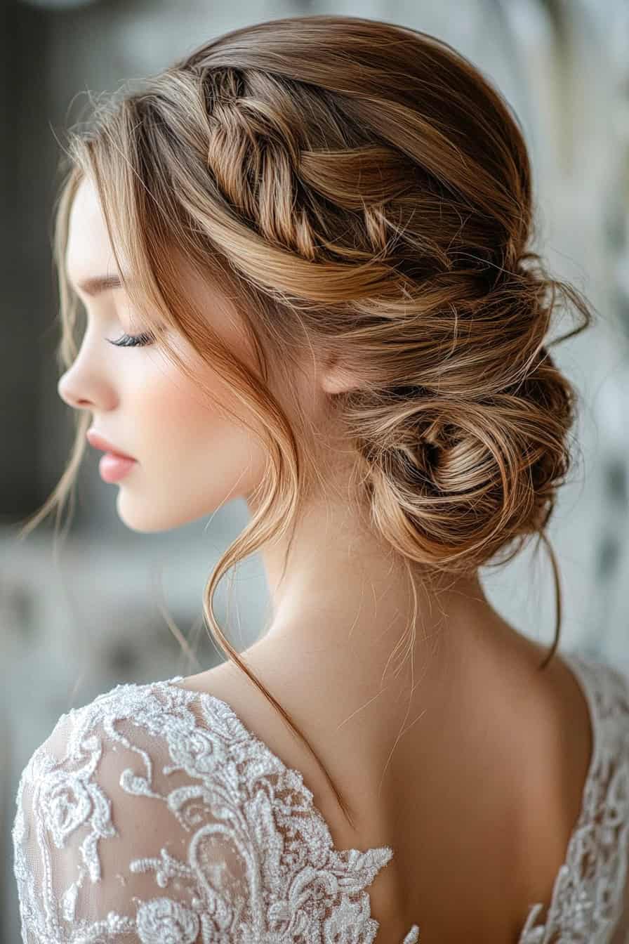 Woman with braids and curls styled in a chignon with beachy tendrils, creating an elegant and romantic updo.