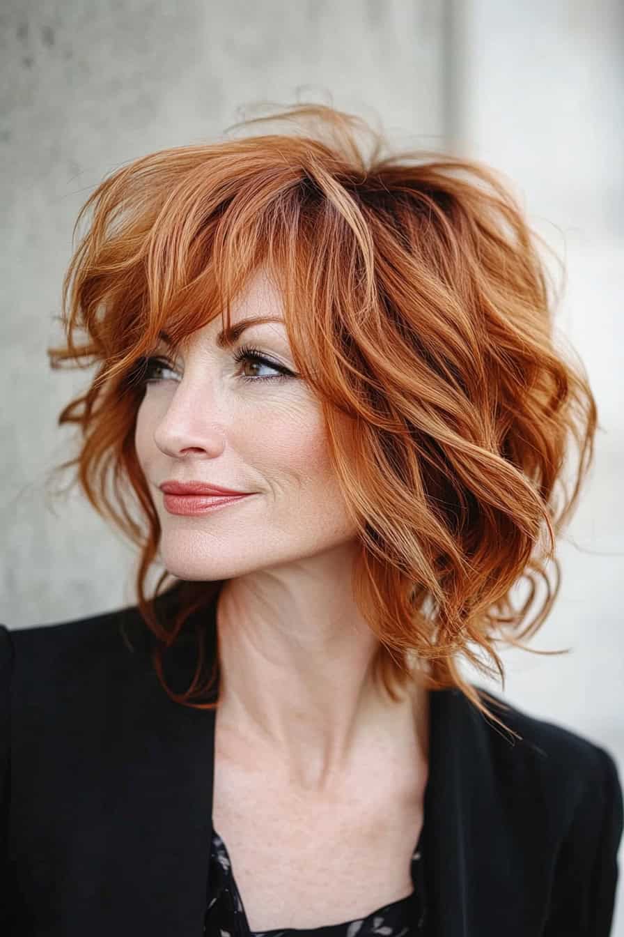 Woman with bright red hair styled in a textured messy bob, adding an edgy and relaxed vibe to her fine hair.