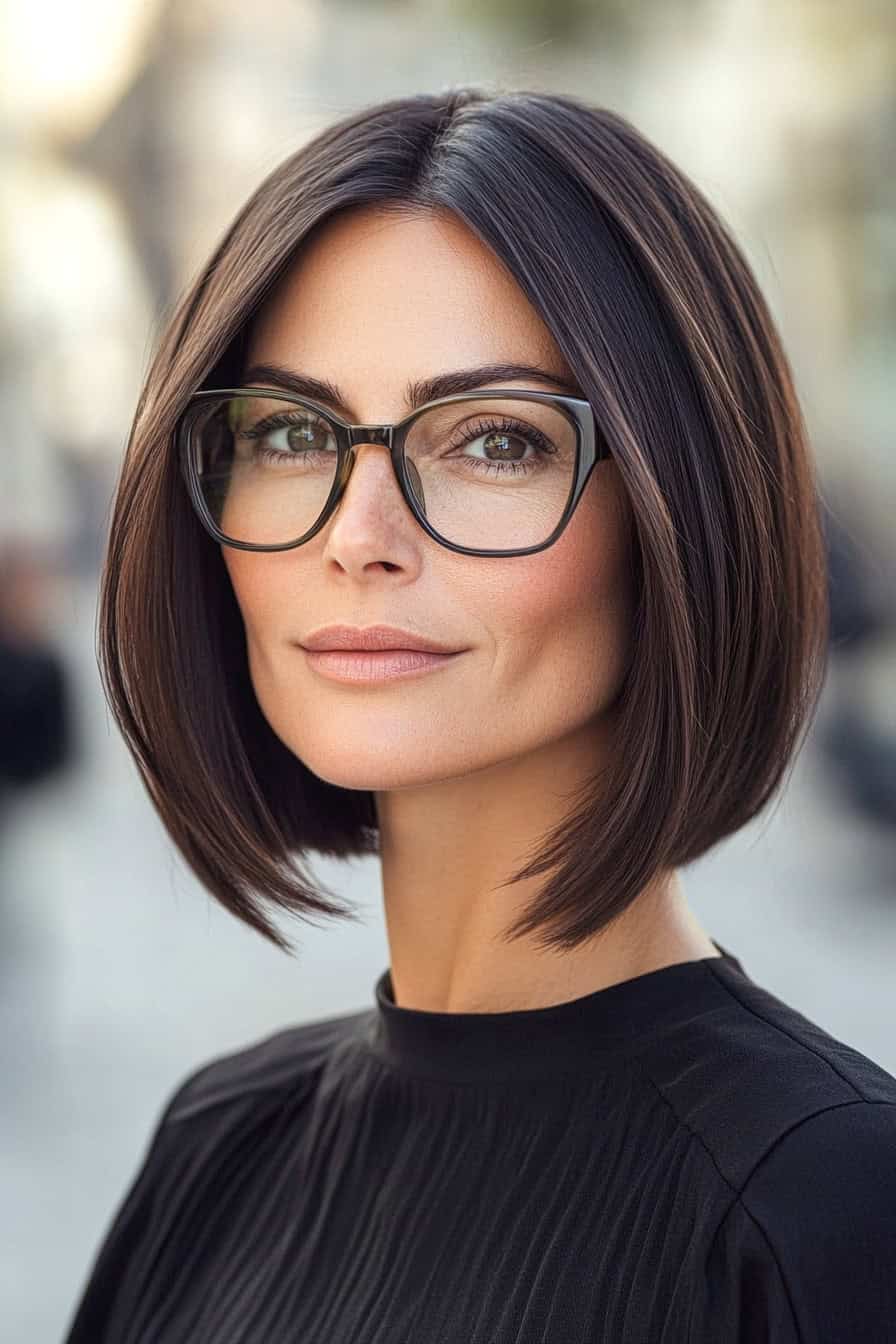 Woman with brown bob haircut styled straight, complementing her glasses for a sleek and effortless everyday look.