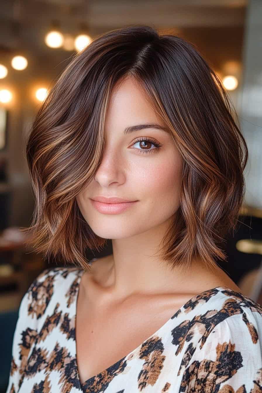 Woman with multi-dimensional brunette bob featuring various highlighted tones for depth and volume.