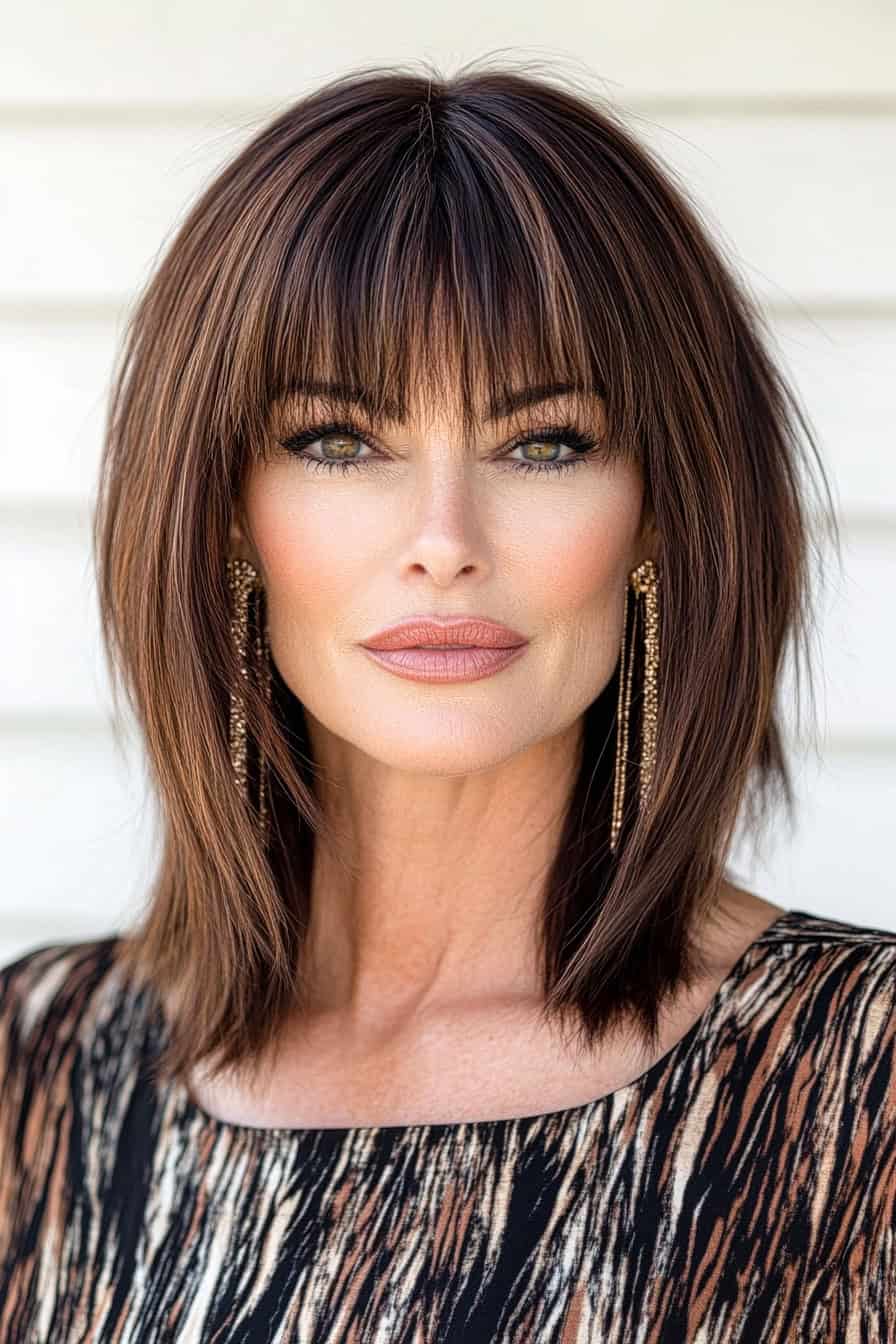 Woman with brown bob hairstyle featuring a full fringe shag, adding boldness and volume to her fine hair.