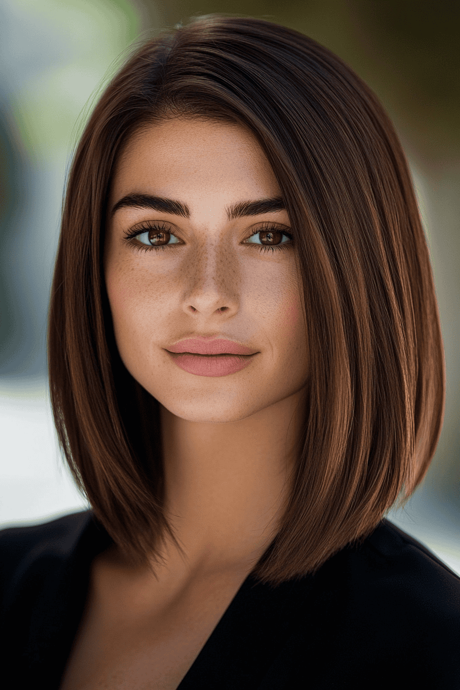 Young woman with a radiant smile and sleek bob, exuding confidence in a natural setting.