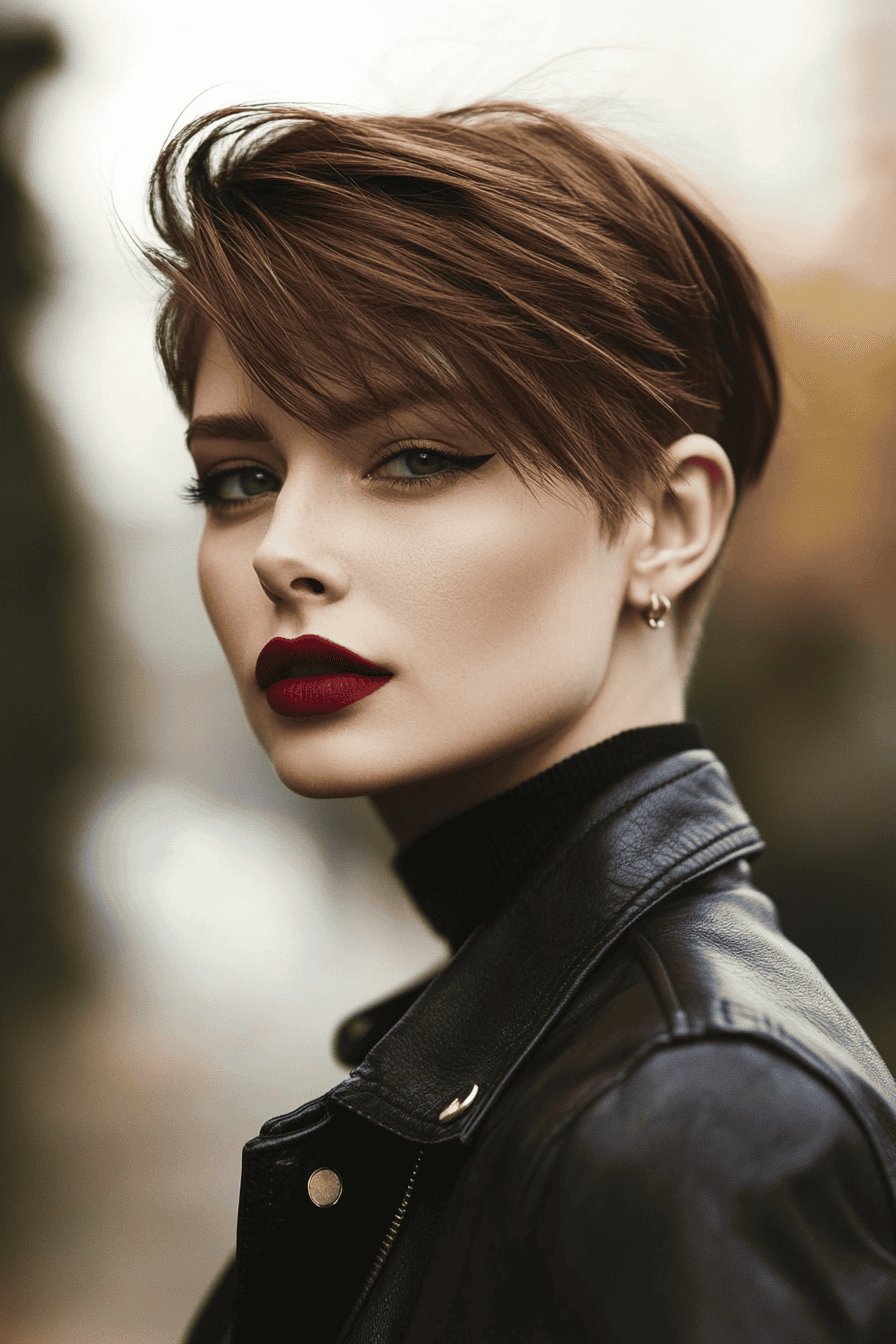 Stylish woman with modern hair and bold makeup in a fitted leather jacket.