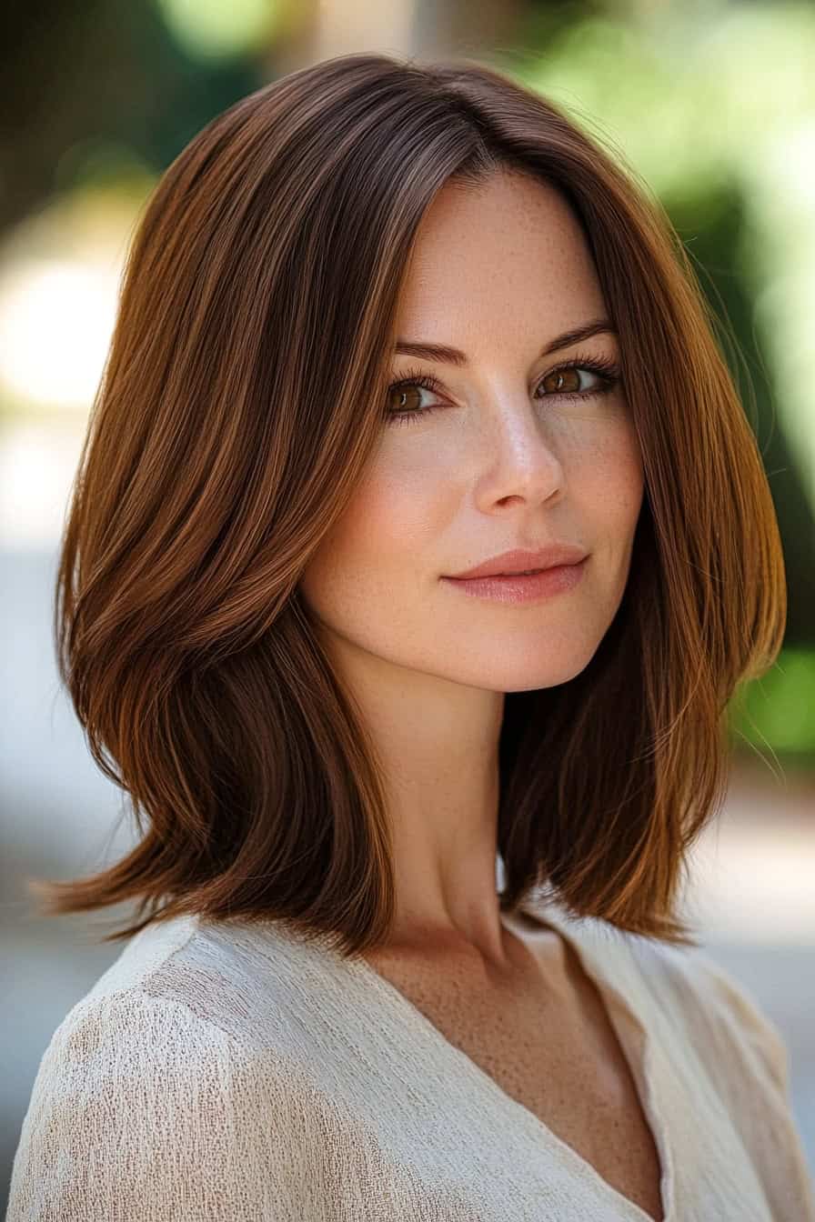 Woman with brunette bob featuring soft layers that add movement and depth to her hairstyle.