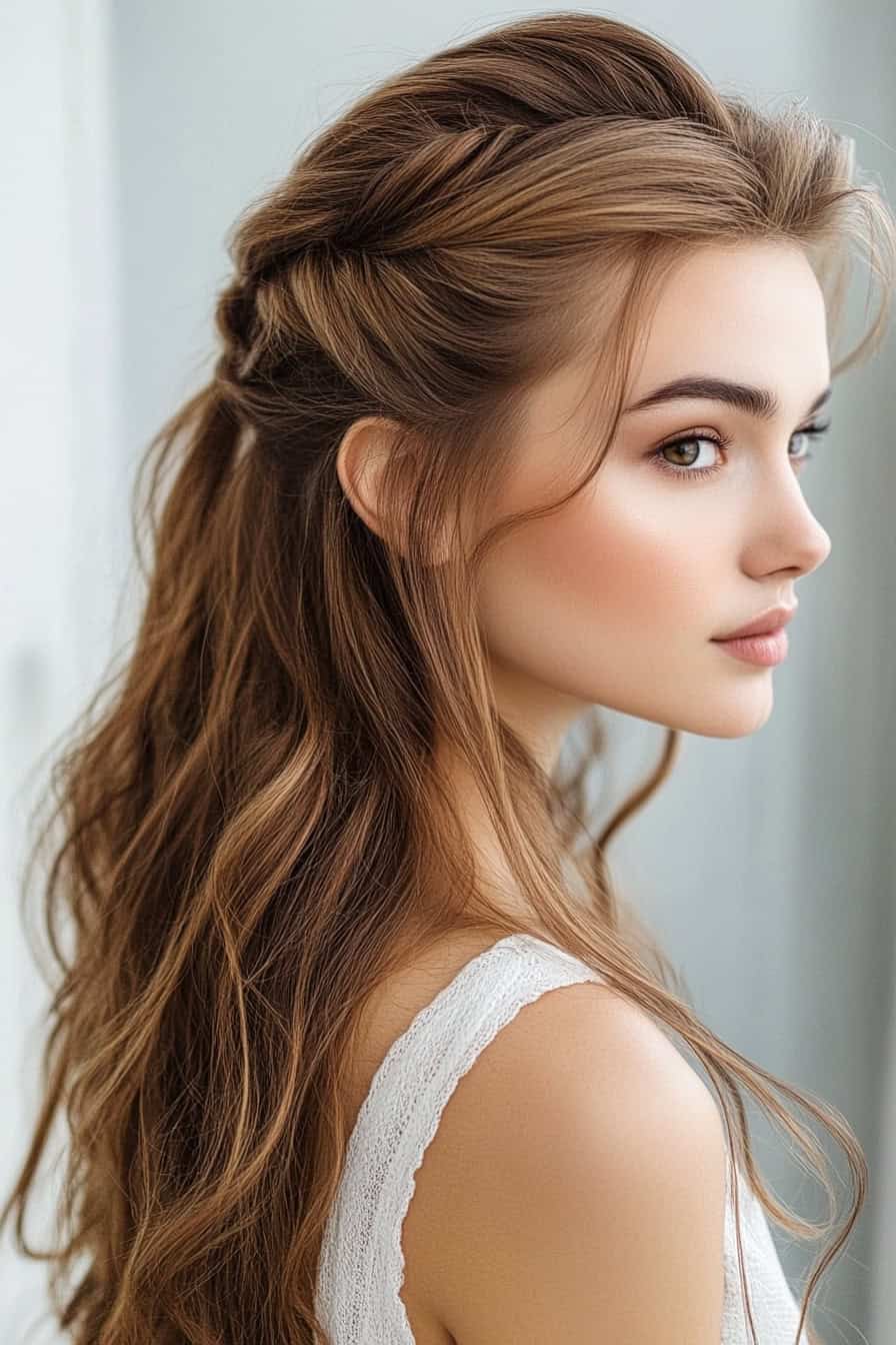 Woman with brown wavy hair braid styled in a stylish half-up, half-down do.