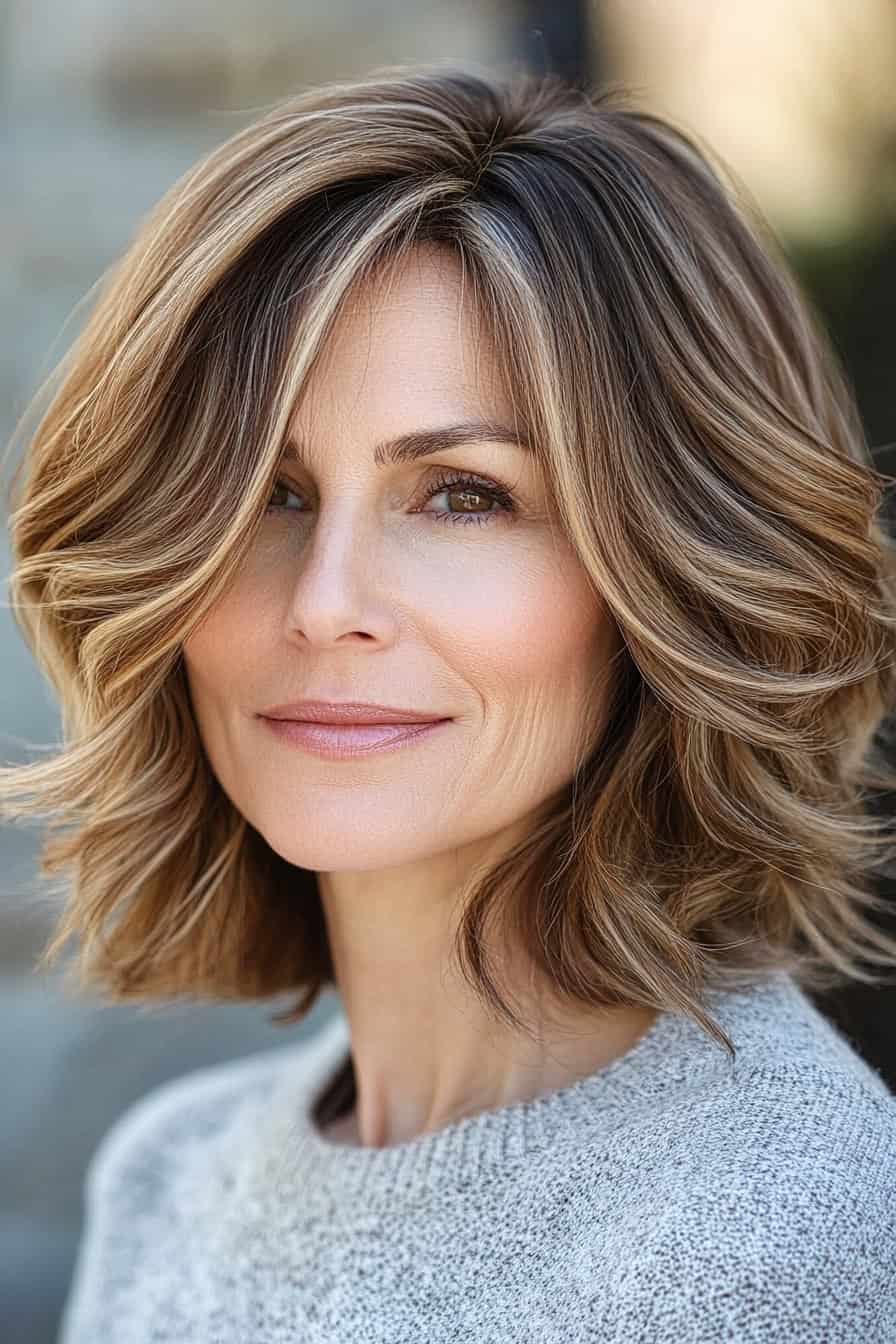 Woman with brown wavy hair styled in a layered bob with ombre effects, adding depth and volume to her fine hair.