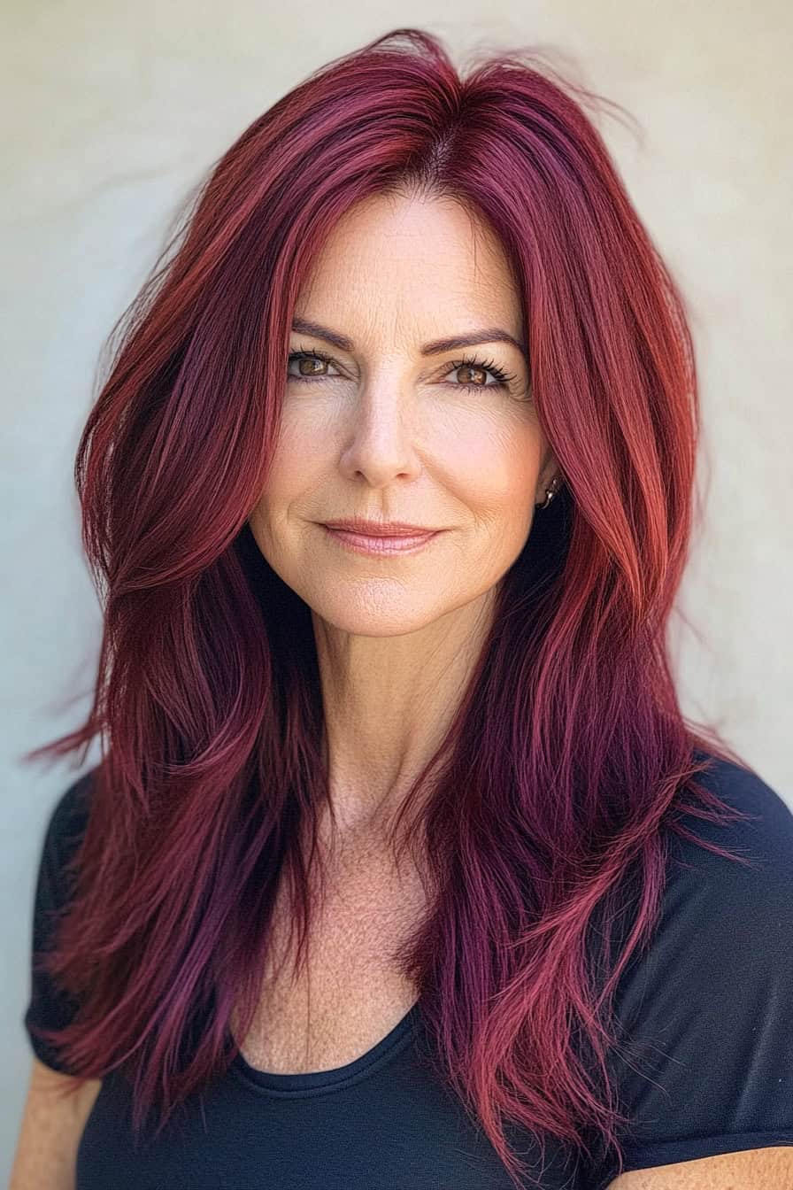 Woman with burgundy long hair styled in easy-to-style long layers with a center part, offering a symmetrical and elegant look.