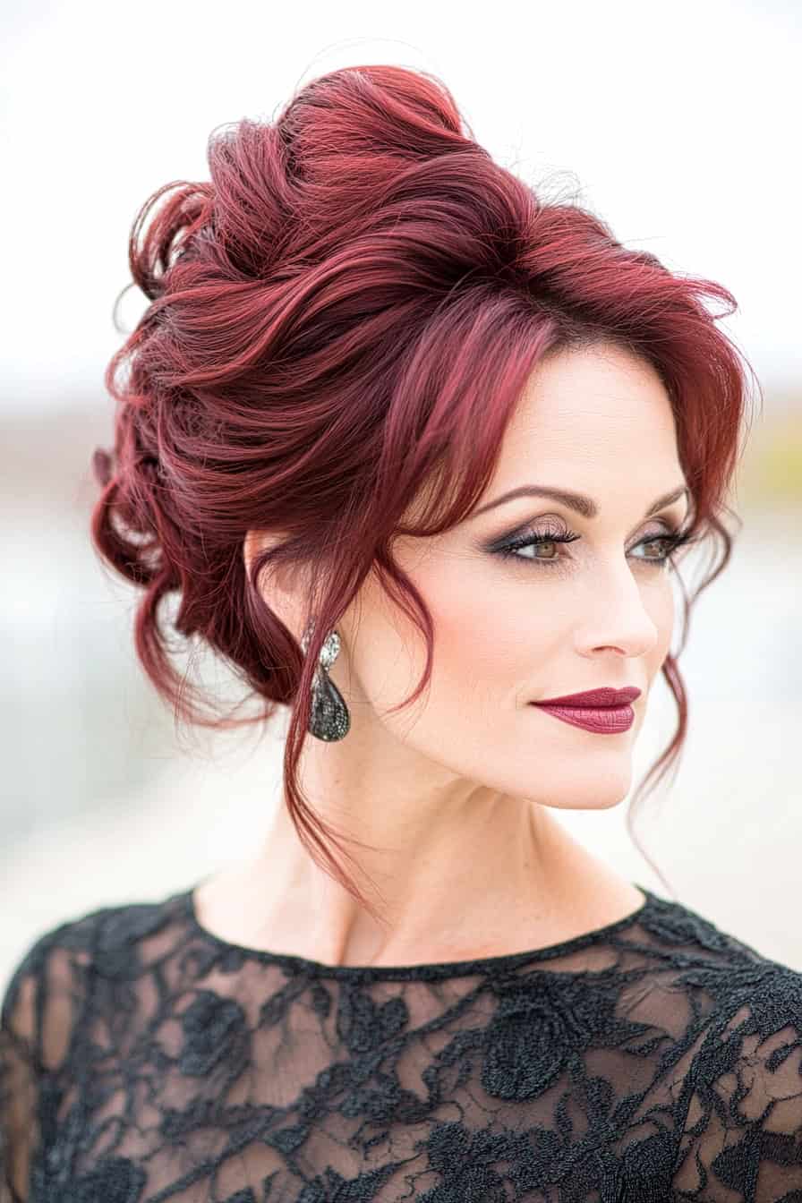 Woman with burgundy updo hairstyle styled with long layers, adding volume and a sophisticated touch for special occasions.