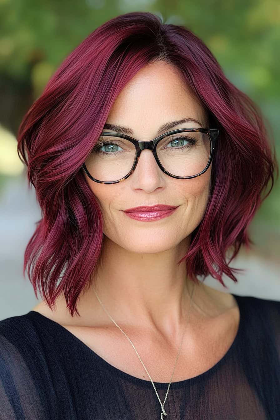 Woman with burgundy wavy hair styled in a sophisticated A-line bob, paired with chic glasses for a polished look.