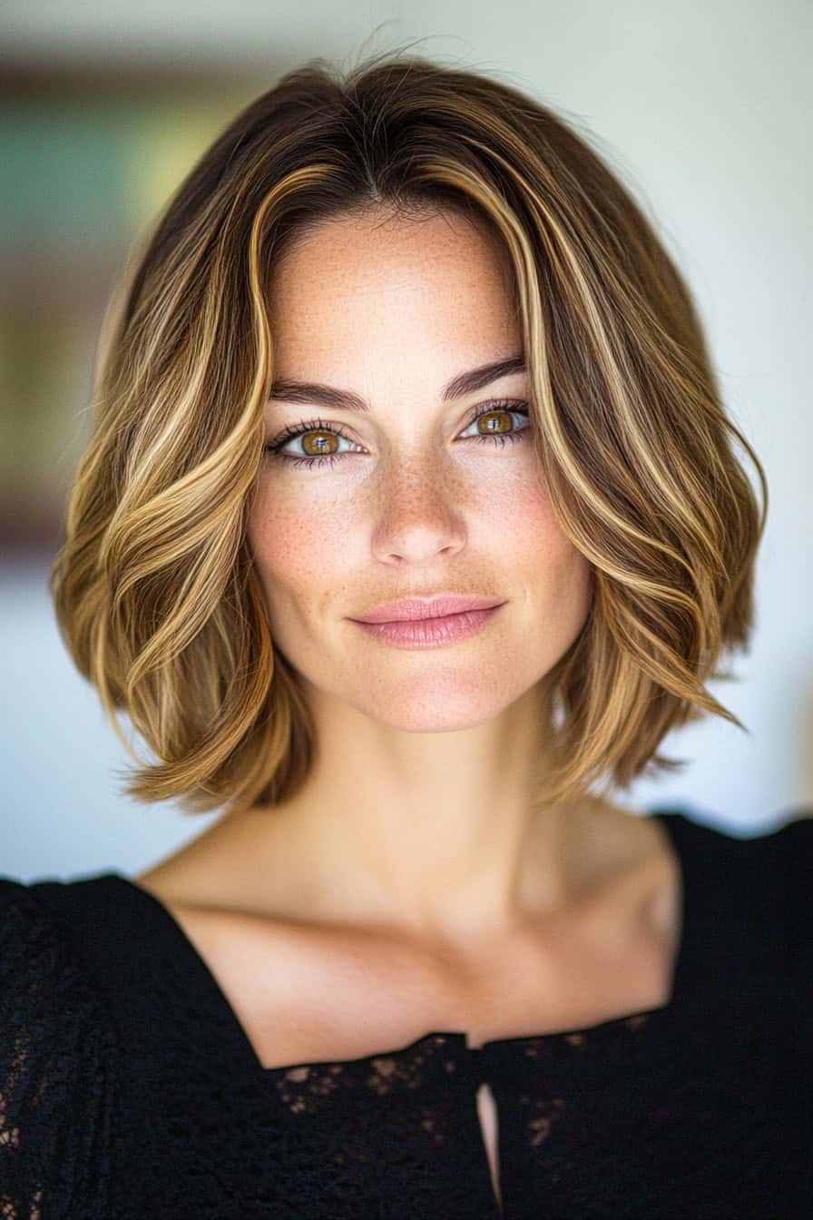 Woman with caramel-highlighted wavy hair in a brunette bob, offering subtle brightness and dimension.