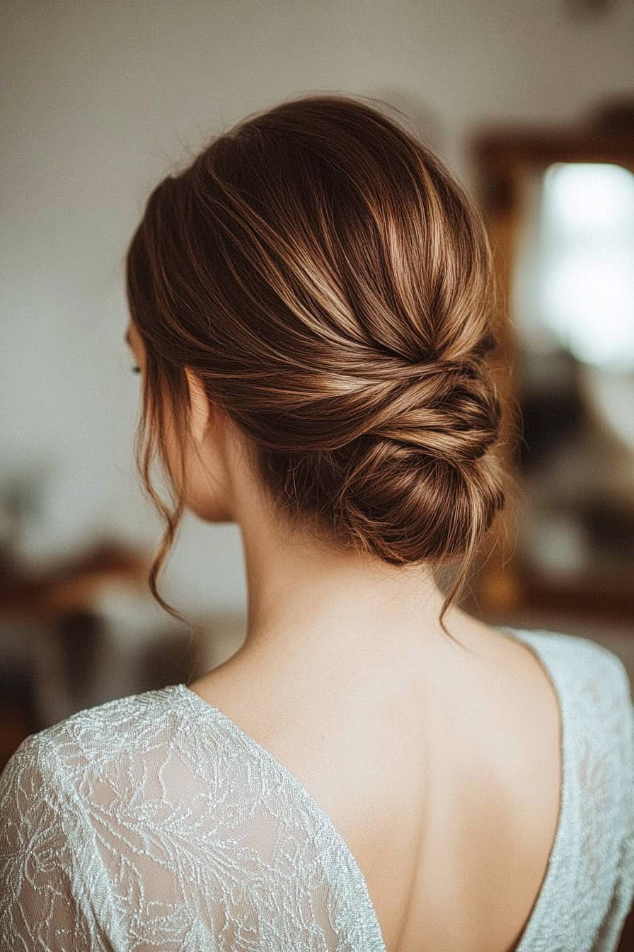 Woman with cascading curly bun, offering a romantic and soft updo style for thick hair.