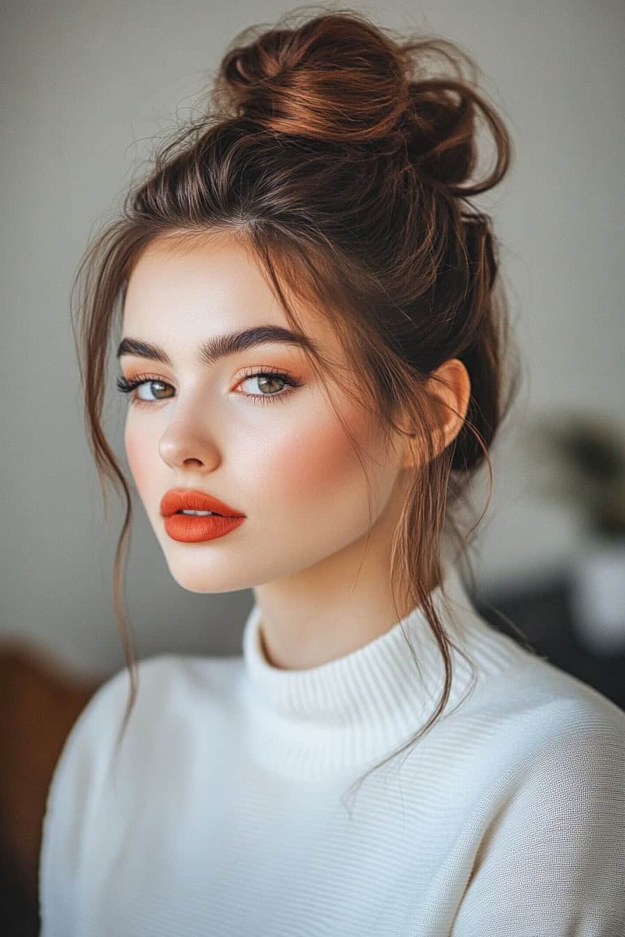 Woman with chestnut brown hair styled in a messy bun, offering an effortless and chic look.