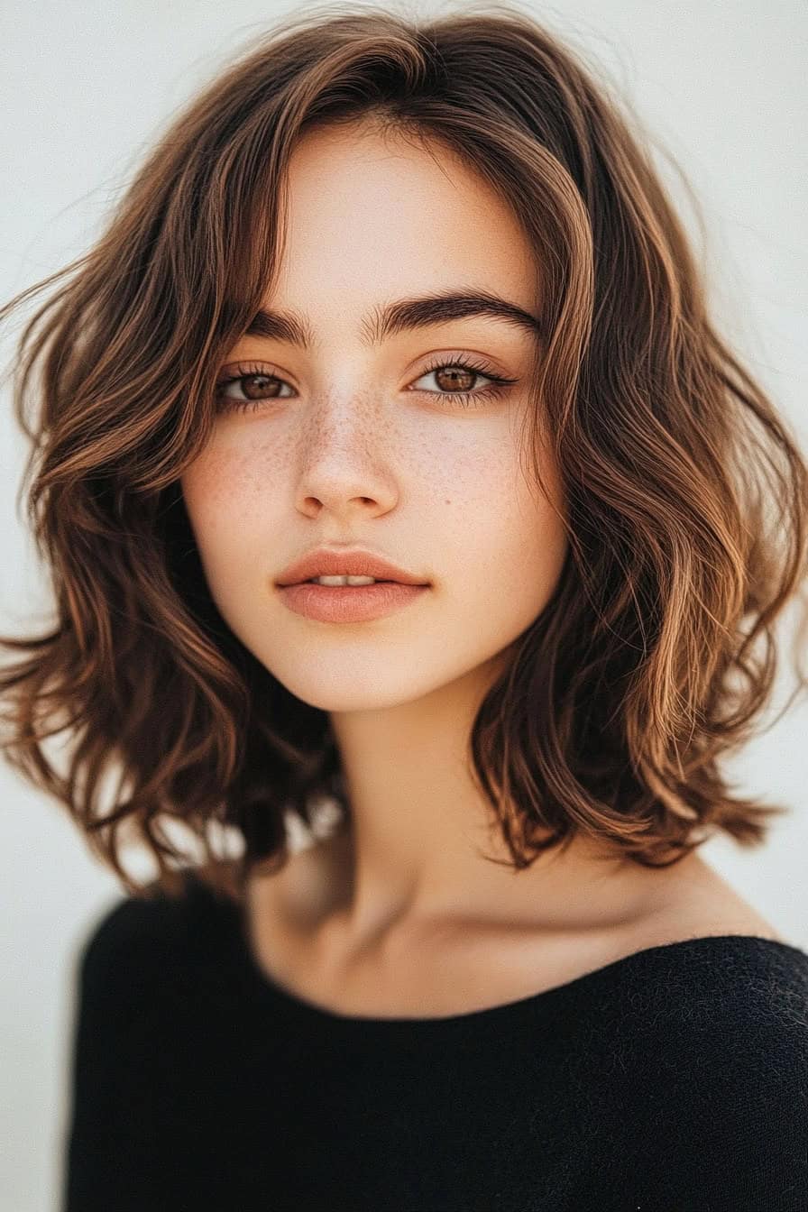 Woman with chestnut brown wavy hair styled in a polished brunette curled lob, adding waves and sophistication to her long bob.