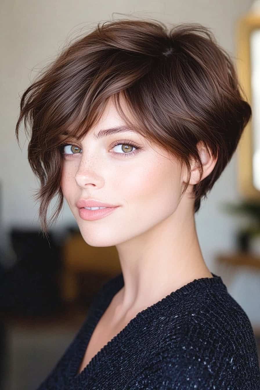 Woman with chestnut brown wavy hair styled in a feminine textured brunette pixie cut, adding softness and volume.