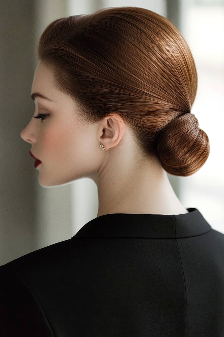 Woman with chestnut bun hairstyle, featuring an elegant chignon suitable for formal events.