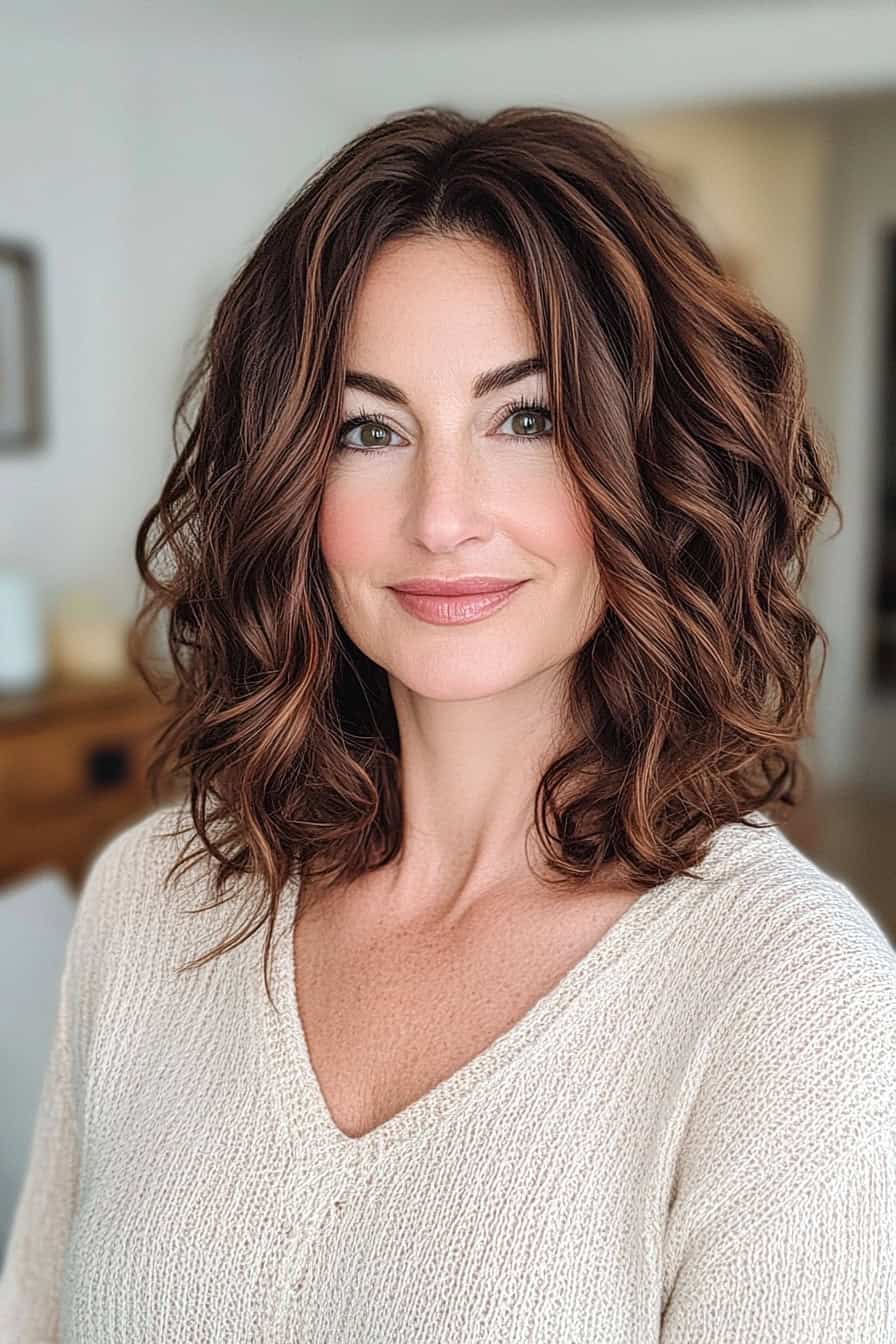 Woman with bouncy medium layered curly chestnut hair, adding vibrant volume and playful curls.