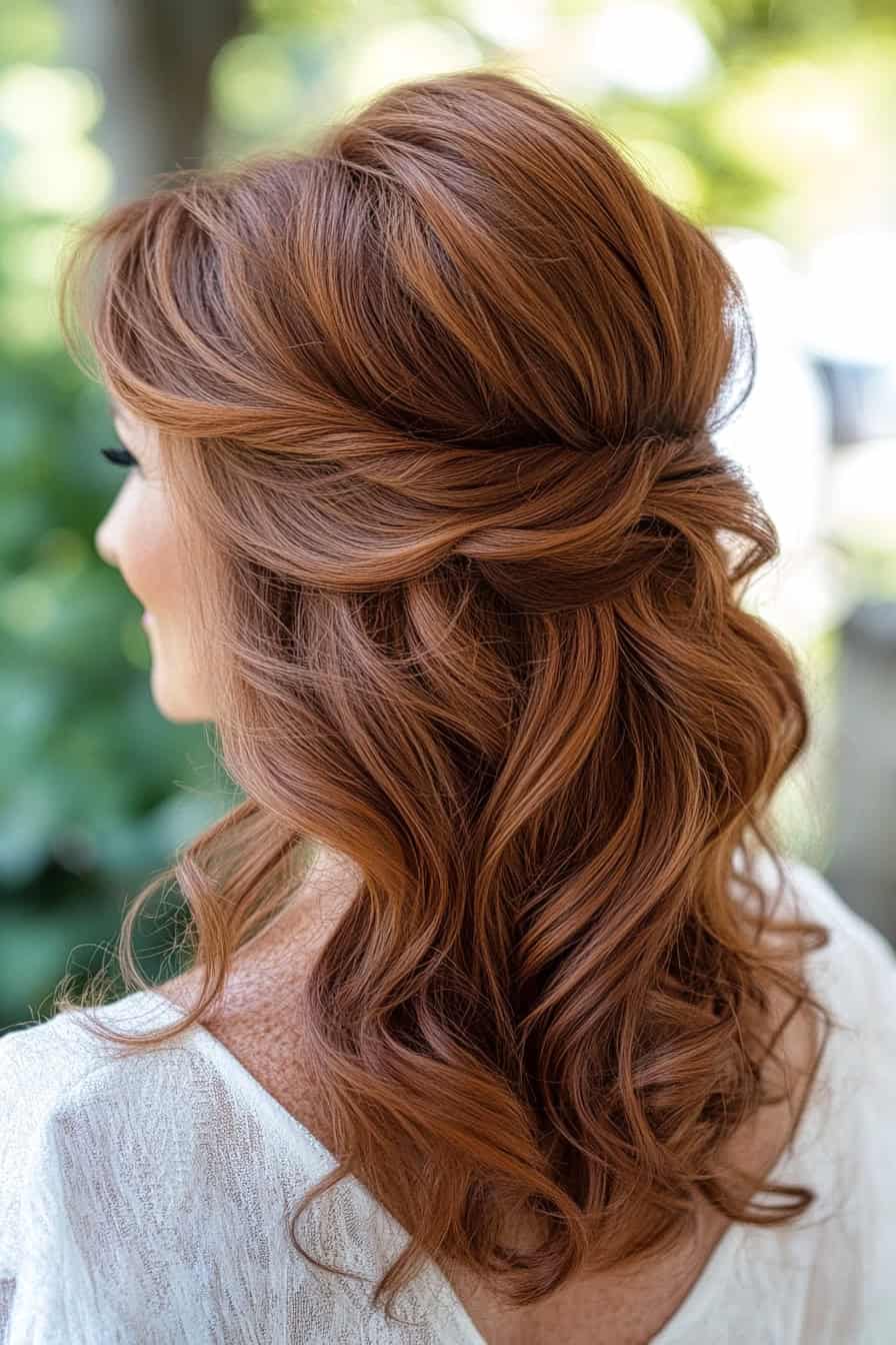 Woman with chestnut loose curls styled in a half-up half-down hairstyle, adding volume and elegance to her fine hair.