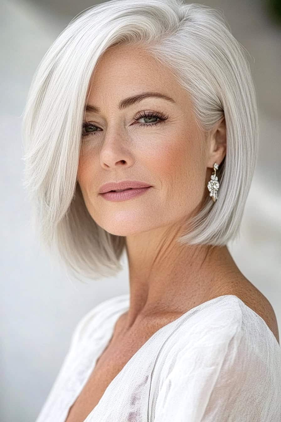 Elegant woman with silver hair, refined features, and tasteful accessories in a soft background.