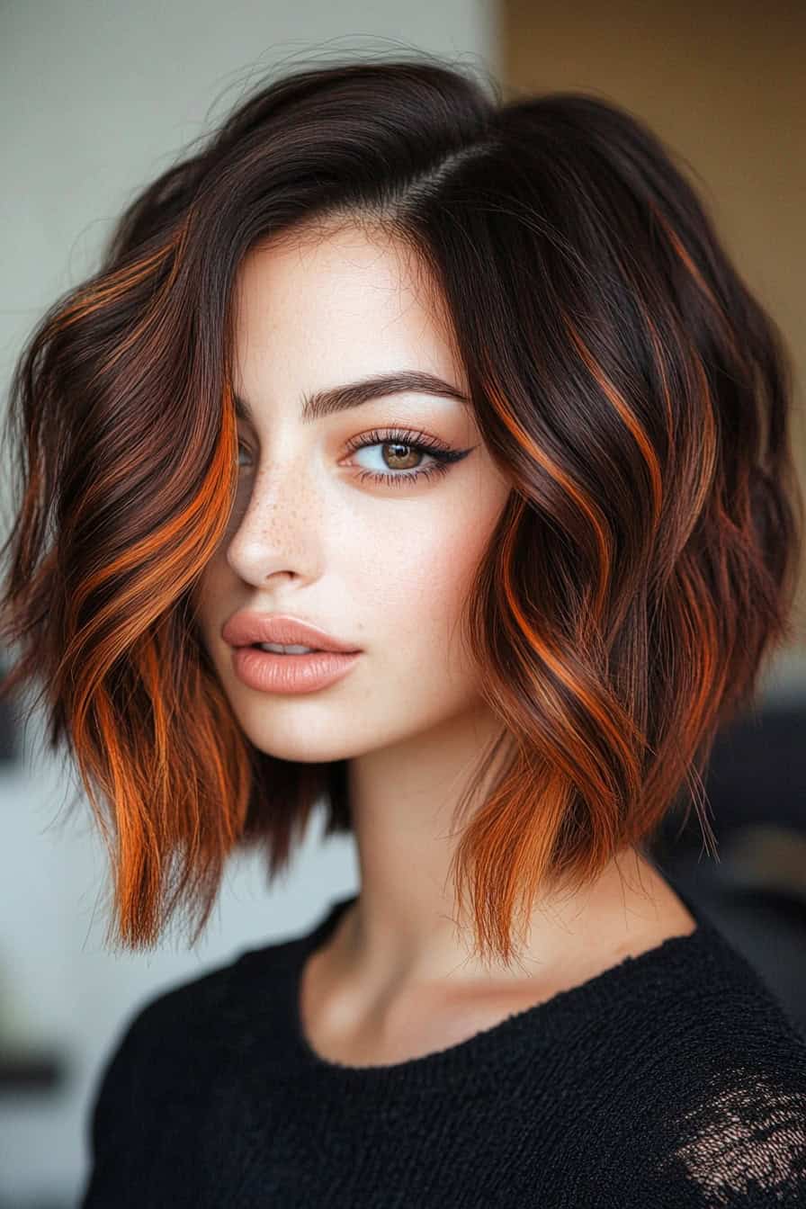 Woman with chic wavy bob hairstyle featuring bright copper balayage highlights on dark brunette hair.