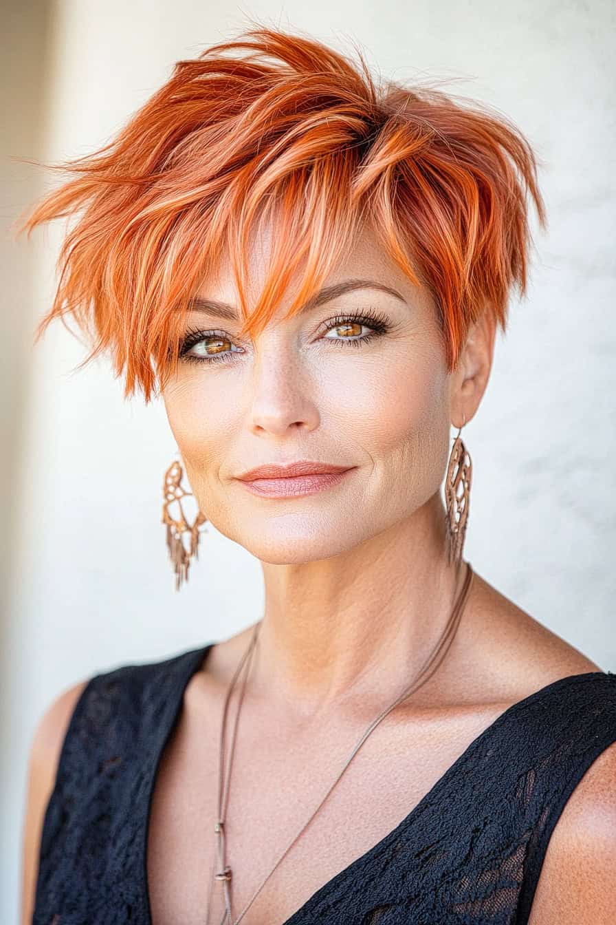 Woman with choppy orange haircut styled in a playful pixie shag, adding volume and a youthful energy to her fine hair.