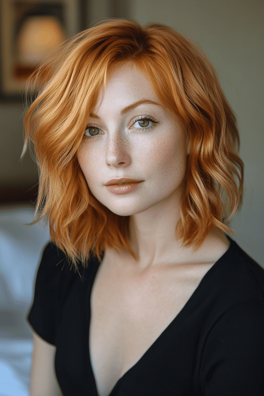 Woman with copper hair and green eyes in a cozy indoor setting.