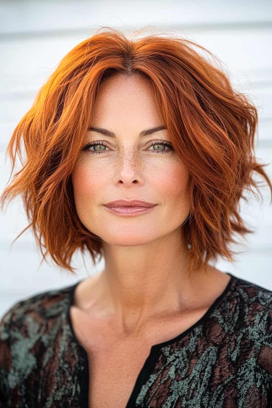 Woman with copper red wavy hair styled in a day-to-night effortless bob, adding volume and versatility to her fine hair.