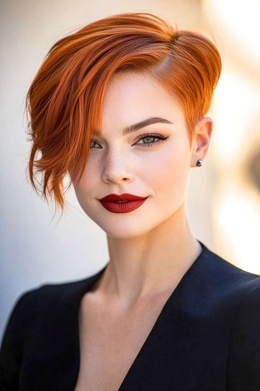 Woman with copper short pixie cut, featuring asymmetrical sides for a dramatic and bold look.