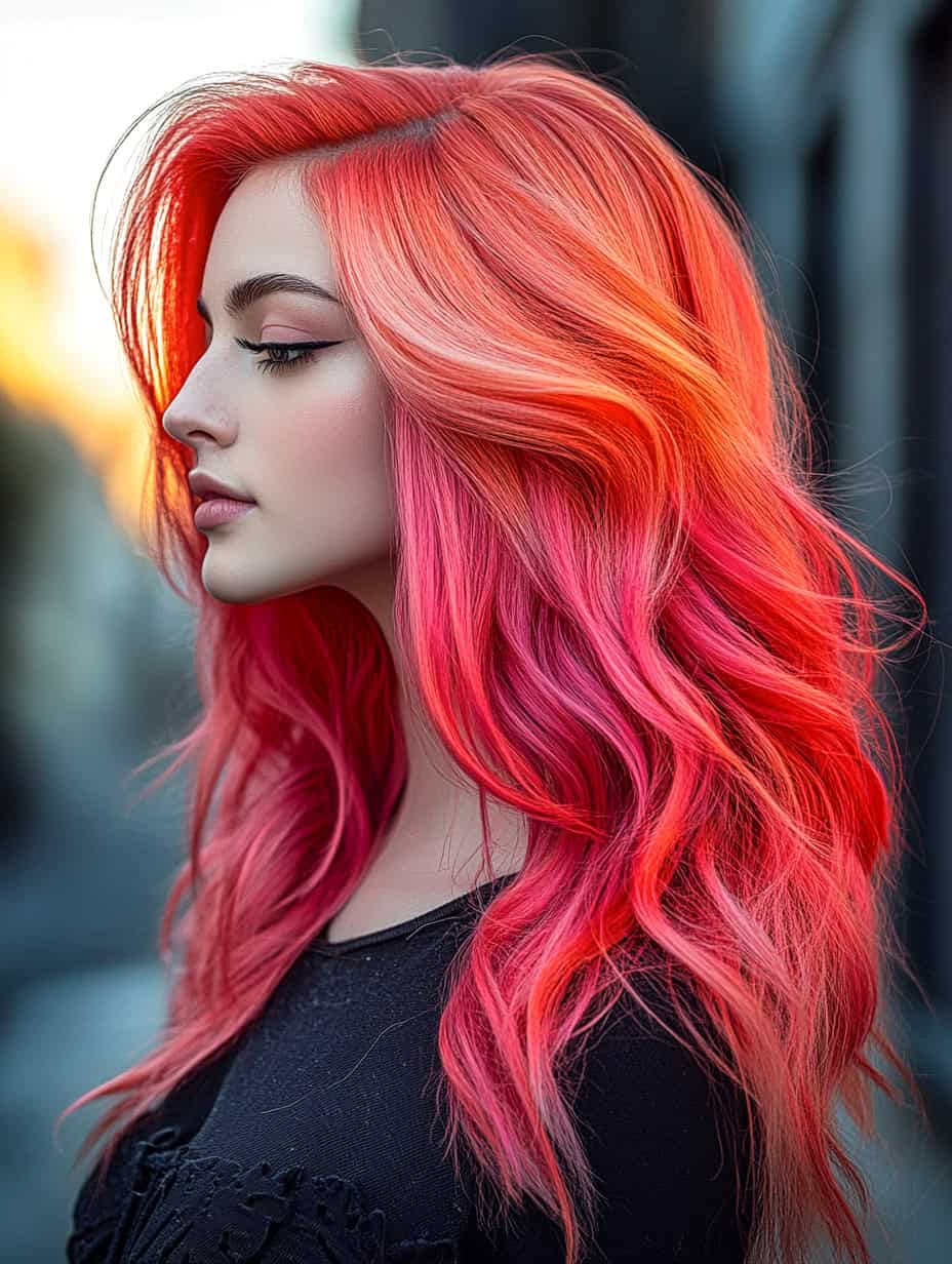 Woman with long watermelon hair featuring feathered layers, showcasing vibrant coral and magenta tones.