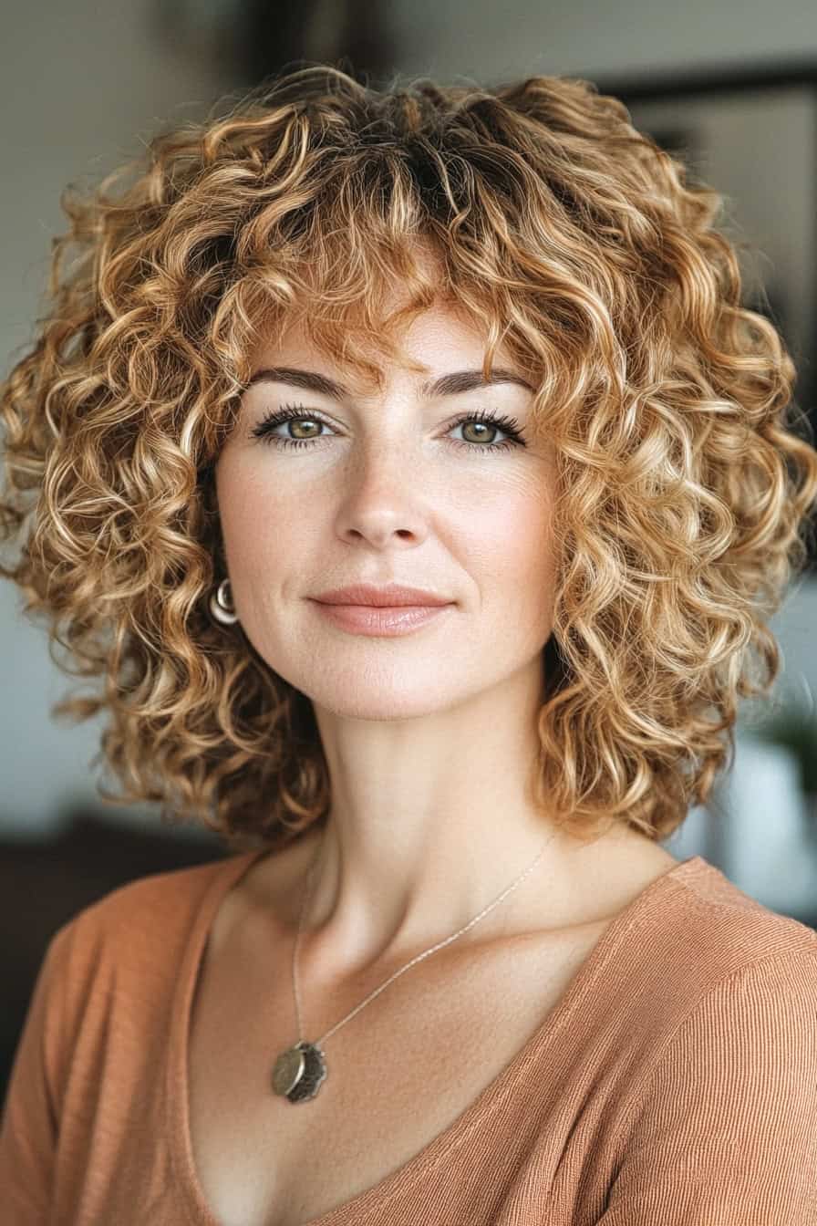 Woman with curly blonde hair styled in bouncy ringlets, adding volume and charm to an oval face.